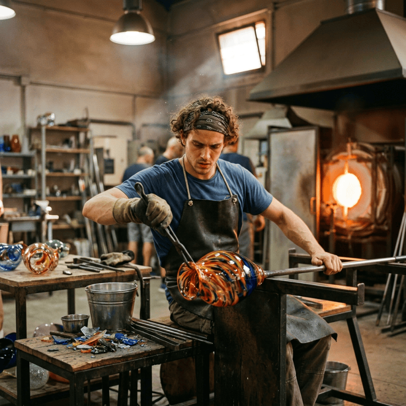 Young Murano glass master crafting colorful vase