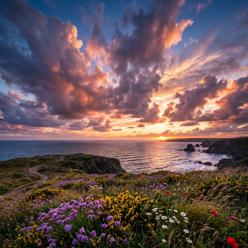 Sunset over rocky coastline with purple, yellow, and white wildflowers in foreground