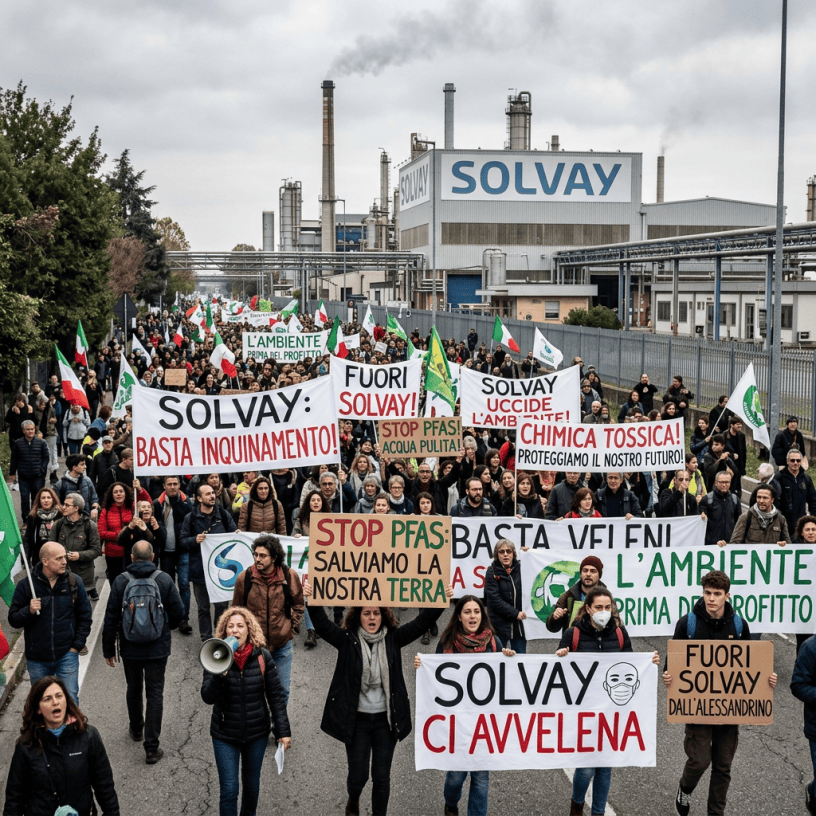 Large group of people protesting outside Solvay factory with signs against pollution