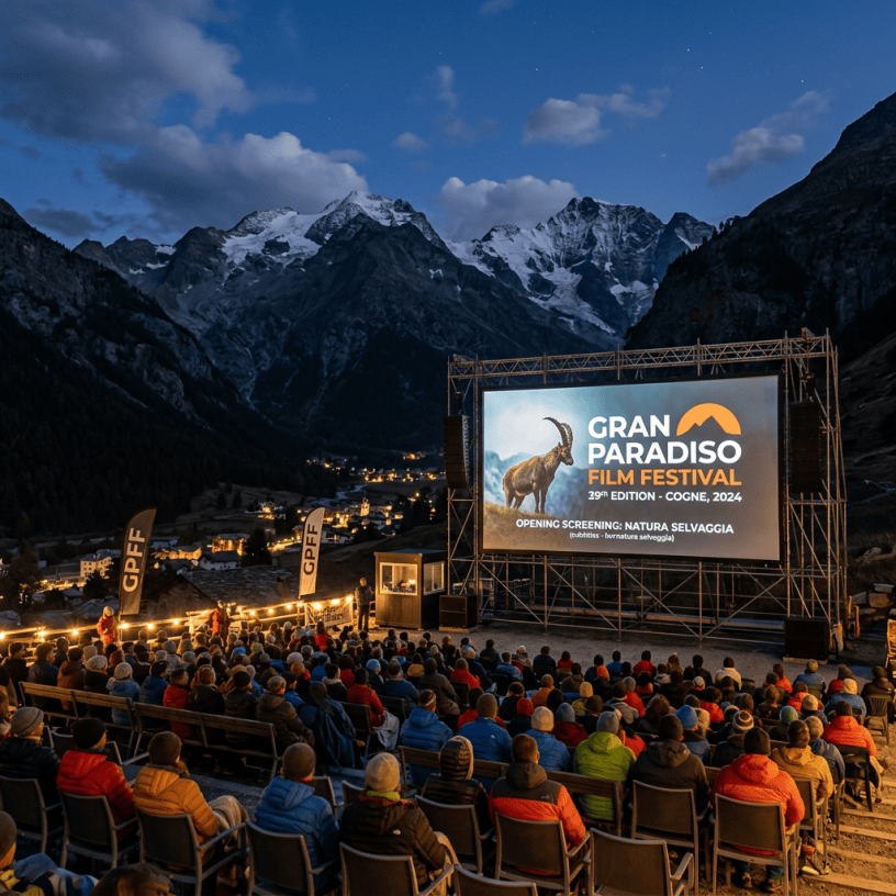 Large crowd seated outdoors watching Gran Paradiso Film Festival screening with mountain backdrop.