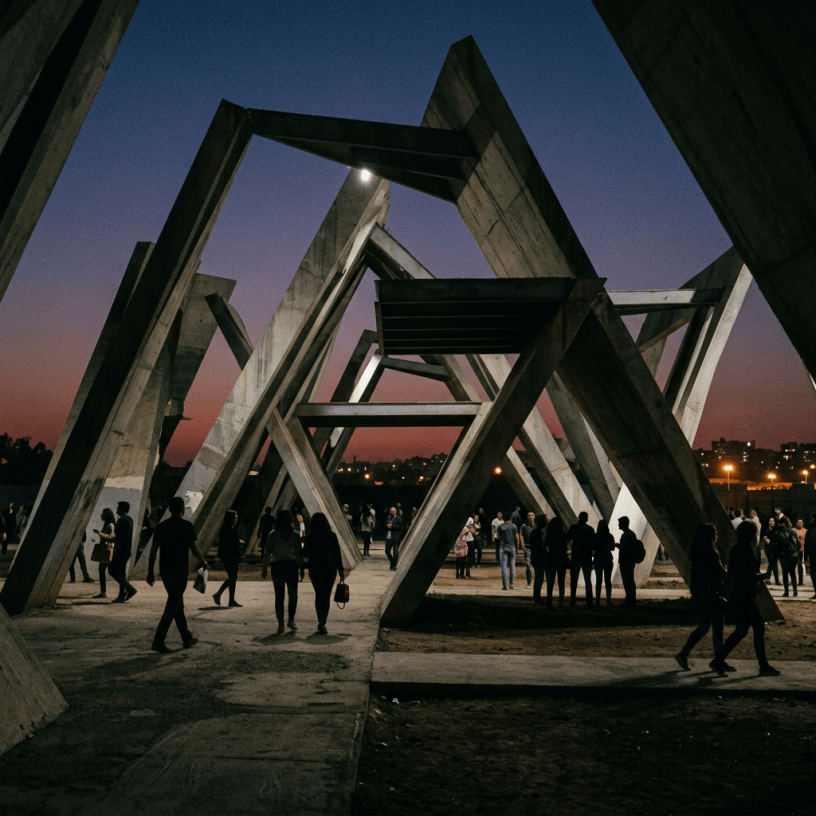Group of people standing and walking under large angular concrete beams at dusk