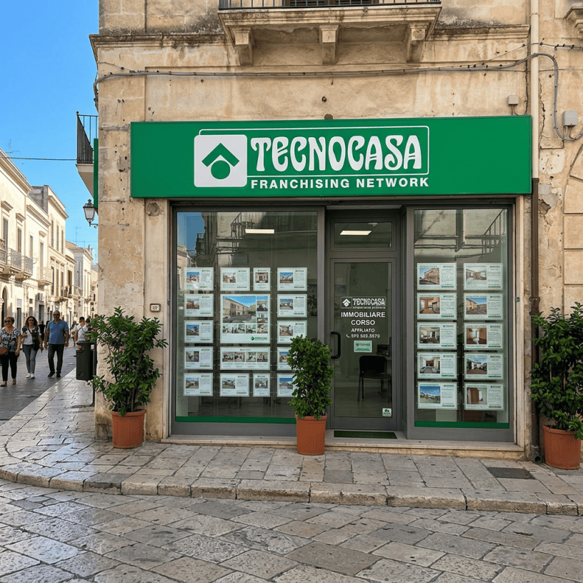 Tecnocasa real estate office with property listings on windows and green signage