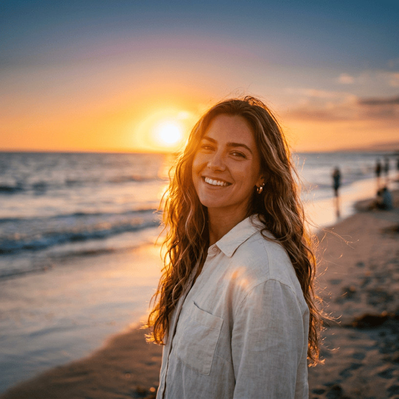 Smiling woman with long wavy hair standing on a beach at sunset