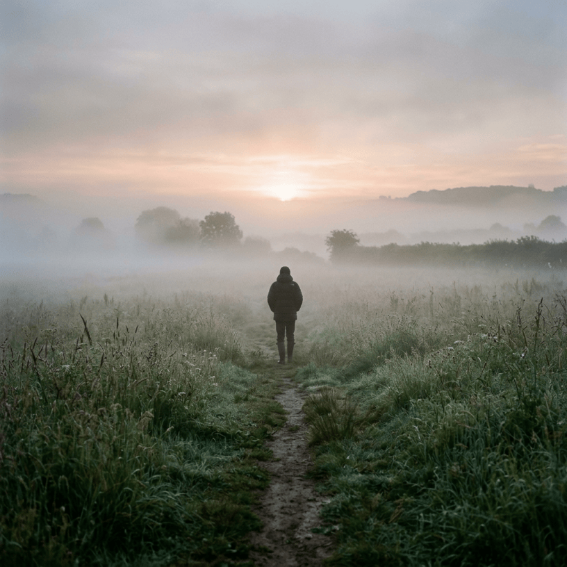 Person walking on a narrow path through tall grass in a foggy meadow during sunrise