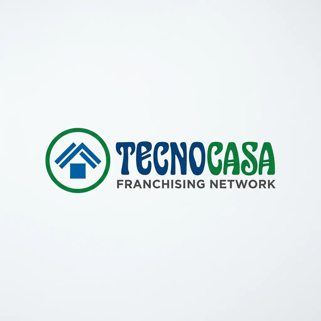 Logo di TecnoCasa, rete di franchising immobiliare, con un simbolo di casa e il testo in blu e verde.