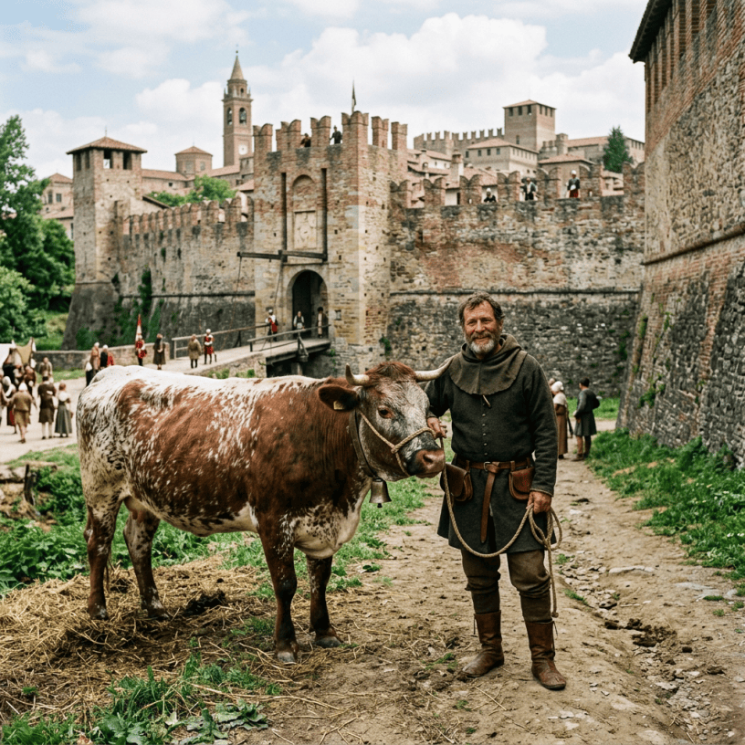 Man in medieval outfit holding rope tied to a brown and white ox in front of a stone castle.