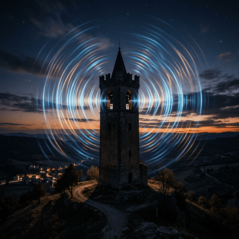 Stone tower on hilltop with glowing concentric wave rings at sunset