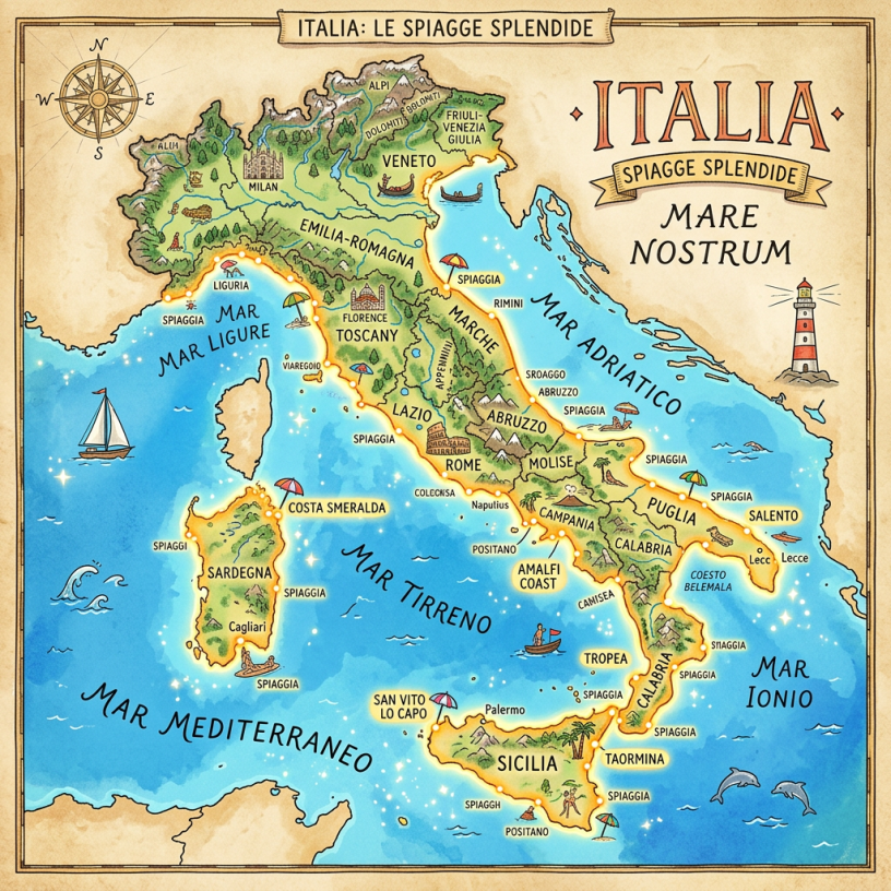 Illustrated map of Italy showing regions, seas, and notable beaches with icons and labels