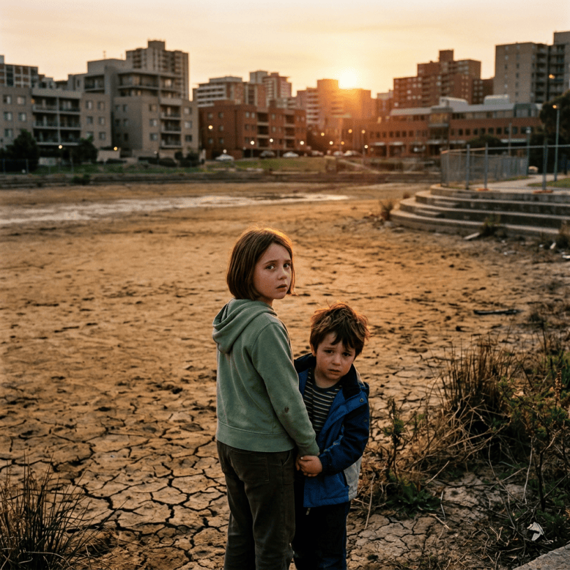 Two children holding hands on cracked dry soil with urban buildings and setting sun in background
