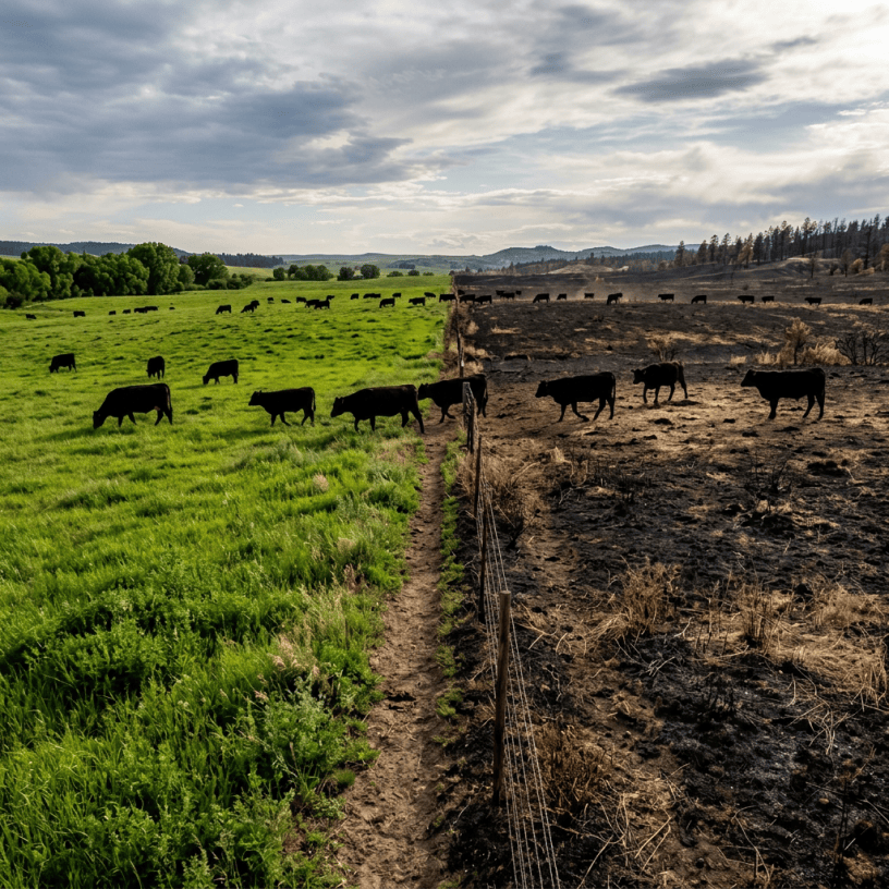 Cattle grazing on green pasture and burnt field divided by a fence