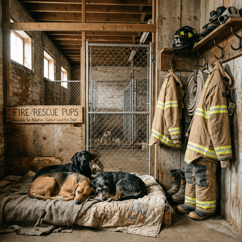 Three dogs lying on a blanket in a fire station kennel with firefighter gear nearby