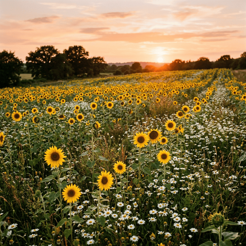 Field of blooming sunflowers and white daisies under a colorful sunset sky