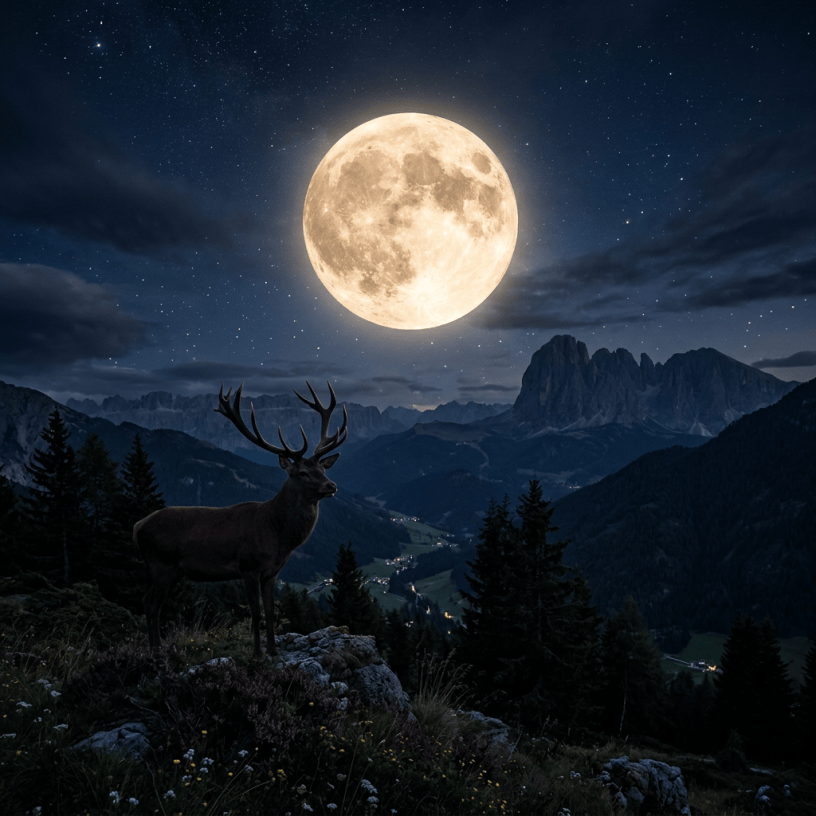 Stag with antlers on rocky hill under full moon and starry night sky