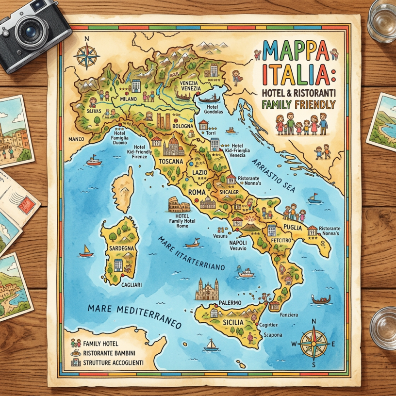 Illustrated map of Italy showing family-friendly hotels and restaurants with notable landmarks and regions labeled