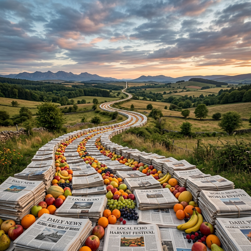 Winding road composed of stacks of newspapers and assorted fruits in a countryside setting