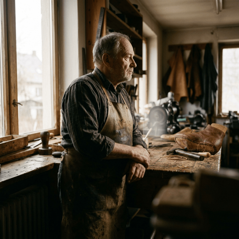 Elderly man wearing apron standing by workbench with leather shoe and cobbler tools