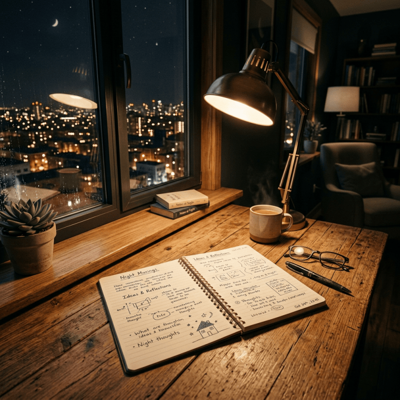 Notebook with handwritten notes under desk lamp near window showing city lights at night