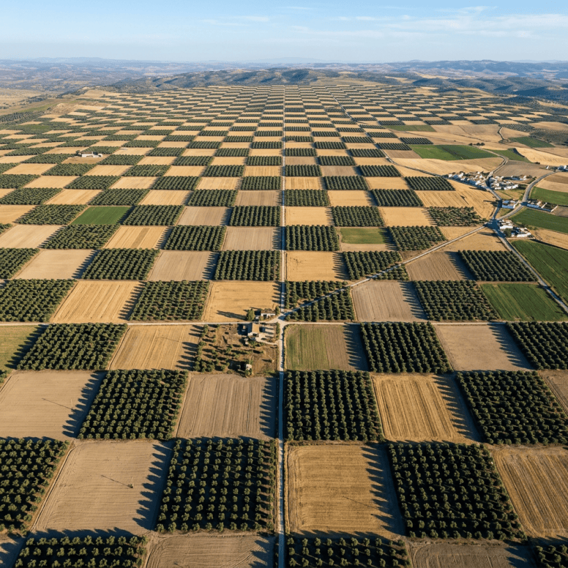 Farmland arranged in a checkerboard pattern with alternating fields of trees and cultivated land