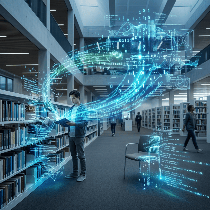 Student reading a book in a library with holographic data visuals floating in the air
