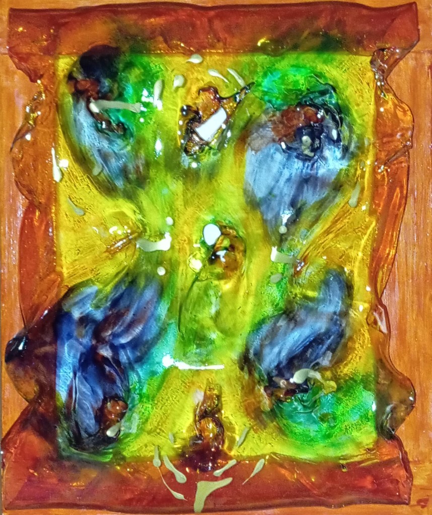 Opera d'arte astratta con colori vivaci come il verde e il giallo, caratterizzata da forme e trame fluide. Dettagli scuri e lucidi aggiungono profondità e dimensione all'immagine.