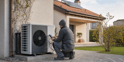 Tecnico controlla una pompa di calore installata all’esterno di un’abitazione con pannelli solari sul tetto.