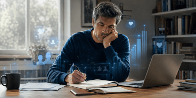 Uno scrittore lavora su un quaderno mentre intorno a lui compaiono simboli digitali di approvazione, pubblico e classifiche.