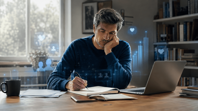 Uno scrittore lavora su un quaderno mentre intorno a lui compaiono simboli digitali di approvazione, pubblico e classifiche.