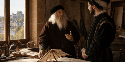 Ricostruzione storica di Leonardo da Vinci mentre mostra i propri progetti a Francesco I nel laboratorio del Clos Lucé.