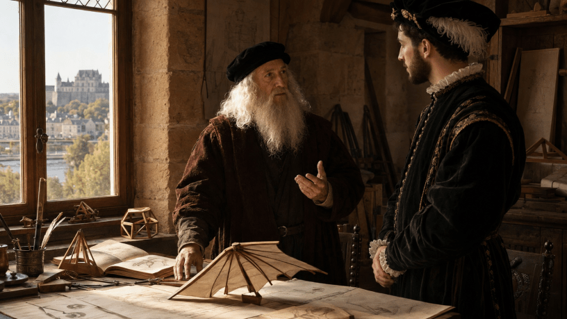 Ricostruzione storica di Leonardo da Vinci mentre mostra i propri progetti a Francesco I nel laboratorio del Clos Lucé.