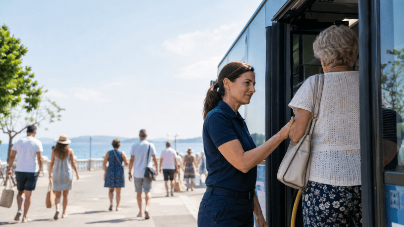 Una lavoratrice dei trasporti aiuta una donna anziana a salire su un autobus, mentre turisti camminano sul lungomare in una luminosa giornata estiva.