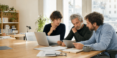Tre collaboratori di una redazione digitale confrontano documenti, un computer portatile e un tablet attorno a un tavolo di lavoro.