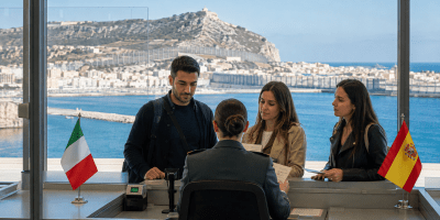 Agente di frontiera controlla i documenti dei viaggiatori tra le bandiere di Italia e Spagna, con la costa di Ceuta sullo sfondo.