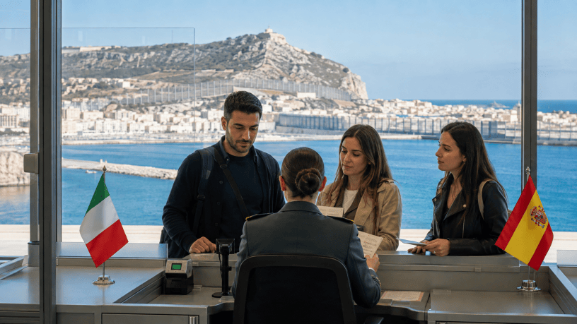 Agente di frontiera controlla i documenti dei viaggiatori tra le bandiere di Italia e Spagna, con la costa di Ceuta sullo sfondo.