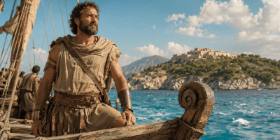 Raffigurazione di Ulisse sulla prua di una nave antica mentre osserva Itaca, illuminata dal sole, oltre il mare Mediterraneo.