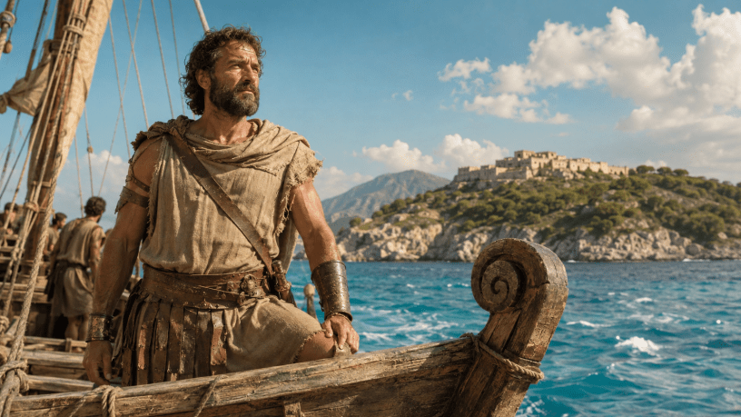 Raffigurazione di Ulisse sulla prua di una nave antica mentre osserva Itaca, illuminata dal sole, oltre il mare Mediterraneo.
