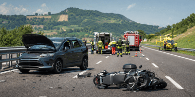 Incidente tra un’automobile e una moto su un’autostrada, con ambulanza, Vigili del Fuoco ed elisoccorso sul luogo dell’intervento.