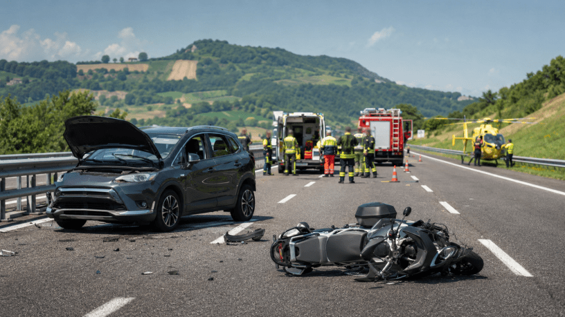 Incidente tra un’automobile e una moto su un’autostrada, con ambulanza, Vigili del Fuoco ed elisoccorso sul luogo dell’intervento.