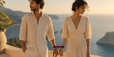 Coppia unita ai polsi da un nastro rosso davanti al mare, immagine ispirata alla poesia “L’amore” di Pablo Neruda.