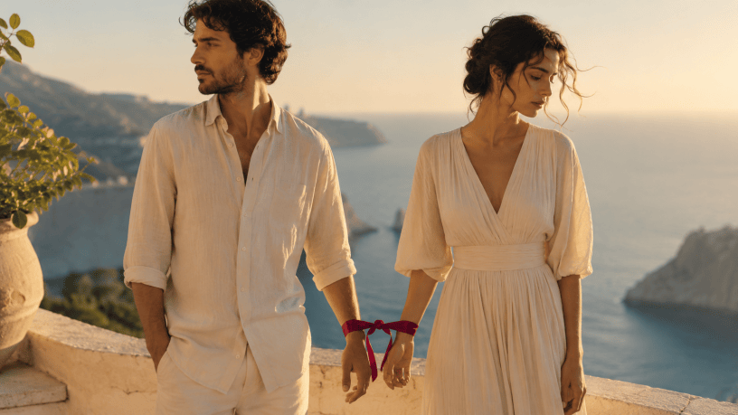 Coppia unita ai polsi da un nastro rosso davanti al mare, immagine ispirata alla poesia “L’amore” di Pablo Neruda.