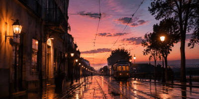 Tram su una strada bagnata al tramonto, con lampioni accesi e una figura solitaria in lontananza.