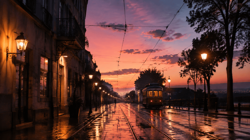 Tram su una strada bagnata al tramonto, con lampioni accesi e una figura solitaria in lontananza.
