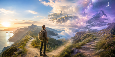 Un viaggiatore osserva tre percorsi che conducono verso un paesaggio reale, una città sospesa tra le nuvole e una montagna immersa in un cielo stellato.