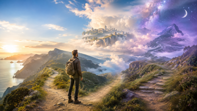 Un viaggiatore osserva tre percorsi che conducono verso un paesaggio reale, una città sospesa tra le nuvole e una montagna immersa in un cielo stellato.