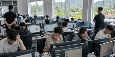 Giovani costretti a lavorare davanti ai computer in un centro organizzato per le truffe digitali nel Sud-est asiatico.