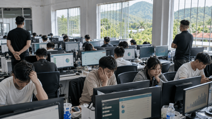 Giovani costretti a lavorare davanti ai computer in un centro organizzato per le truffe digitali nel Sud-est asiatico.