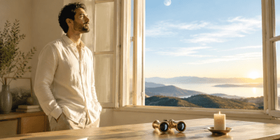 Un uomo assorto osserva la luce del mattino da una grande finestra; sul tavolo sono appoggiati un binocolo e una candela accesa, mentre la luna è ancora visibile nel cielo.