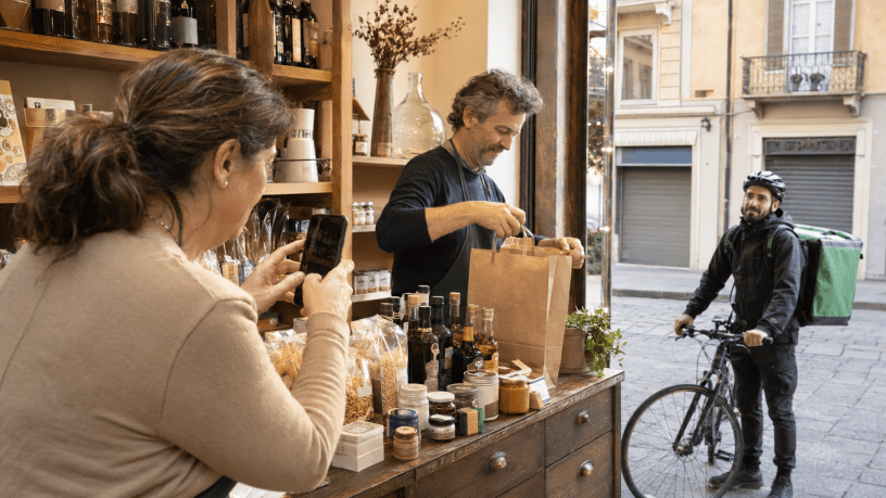 Due commercianti preparano una consegna in un piccolo negozio mentre una donna fotografa i prodotti con lo smartphone e un ciclista attende all’ingresso.