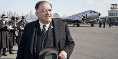 Ricostruzione storica di Fiorello La Guardia davanti all’aeroporto di New York nel 1939.
