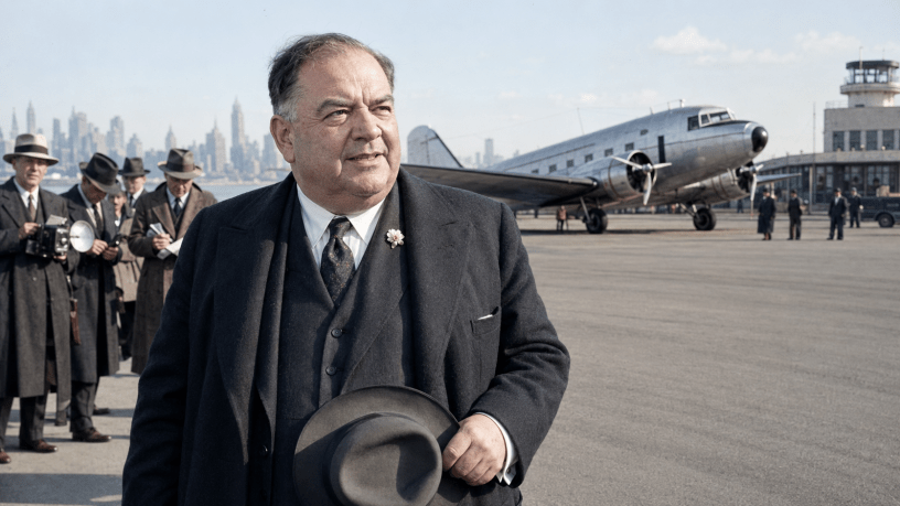 Ricostruzione storica di Fiorello La Guardia davanti all’aeroporto di New York nel 1939.