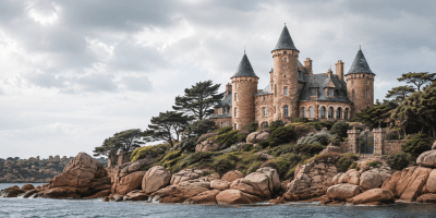 Maniero costiero in granito rosa ispirato al Castello di Costaérès, in Bretagna, circondato dal mare, dalle rocce e dalla vegetazione.